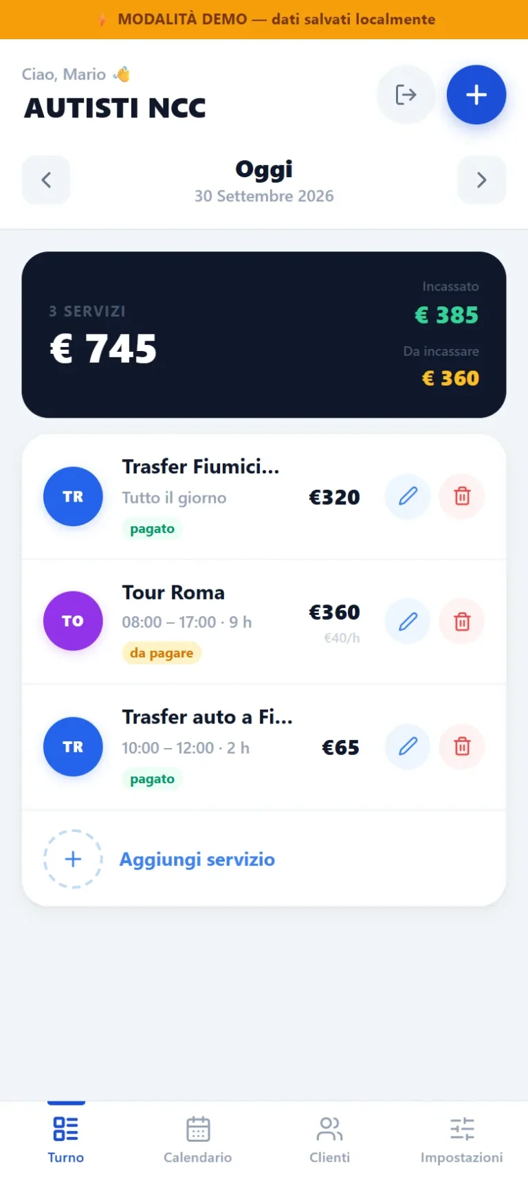 App per Autisti NCC – riepilogo della giornata da telefono