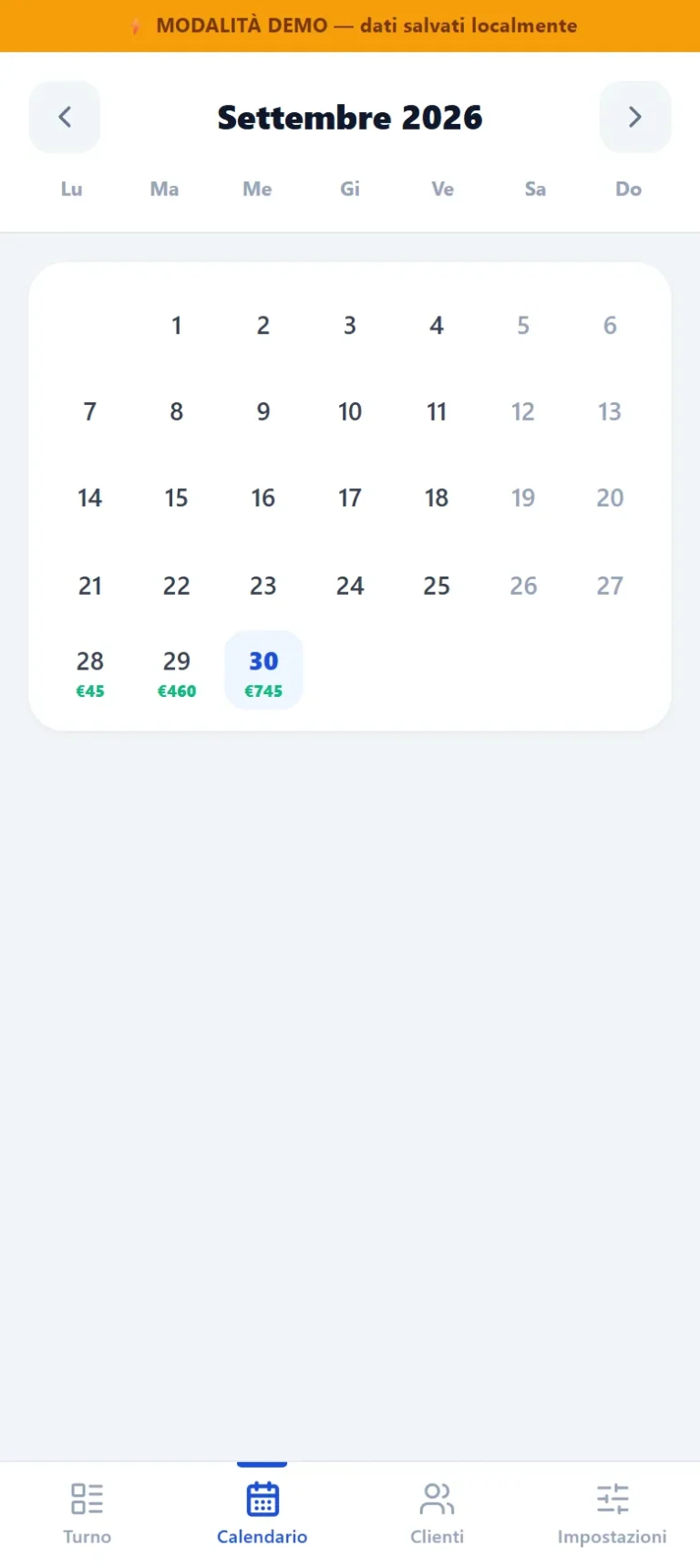 App per Autisti NCC – calendario incassi