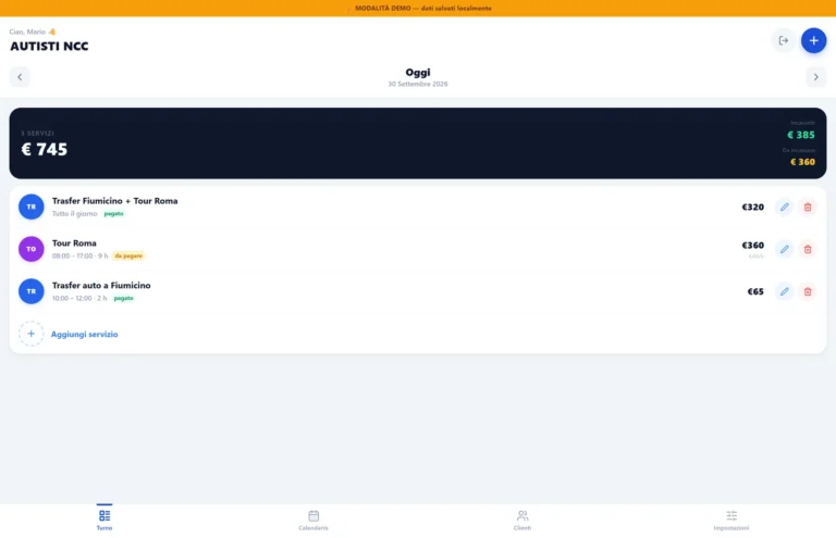 App per Autisti NCC – riepilogo della giornata da computer
