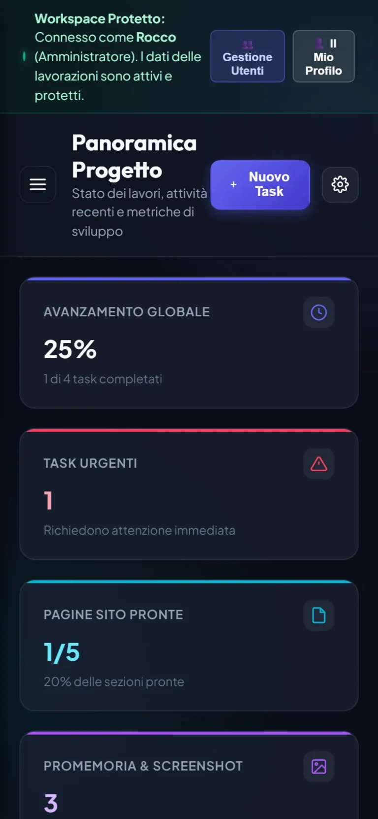 Promemoria Lavorazioni – dashboard da telefono